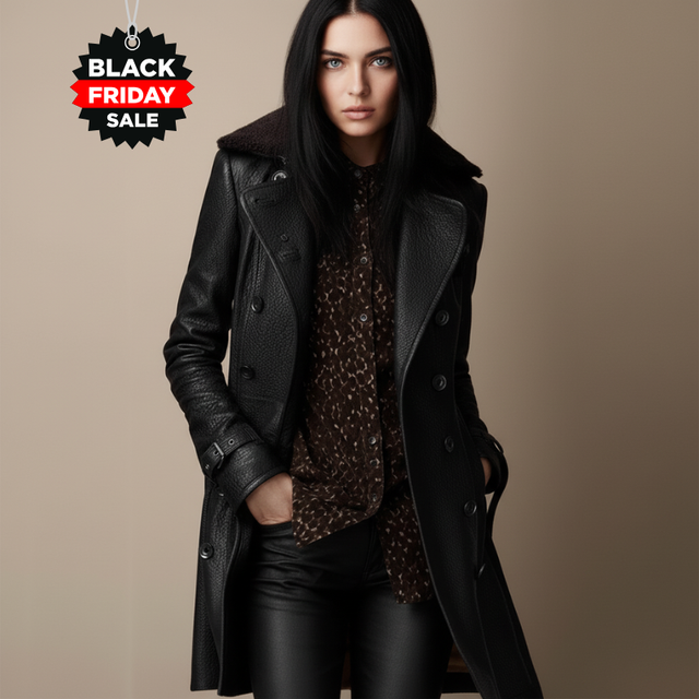 Clara™ | Eleganter Mantel aus genarbtem Leder - Black Friday 50 % Rabatt